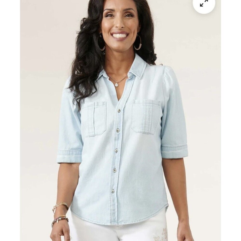 Democracy Elbow Puff Sleeve Button Down Washed Blue Denim Shirt Small (123)